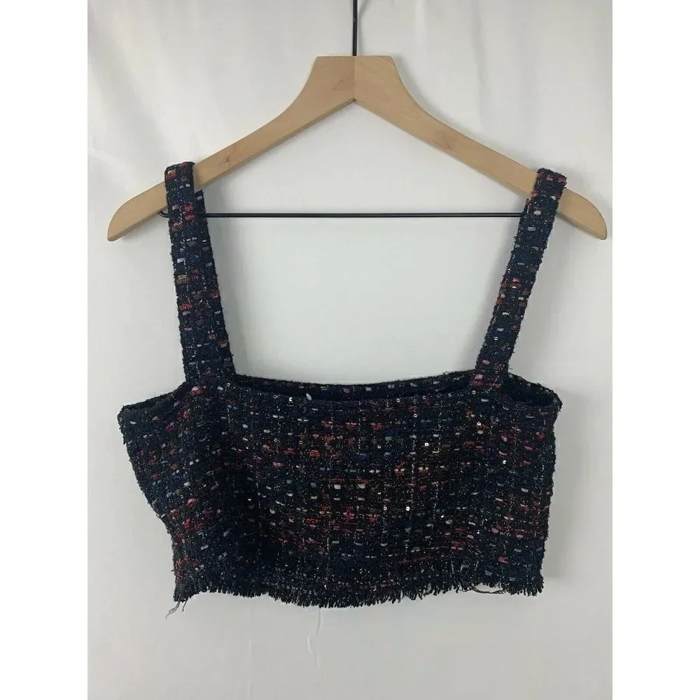 Women’s Line + Dot Multi Color Anya Tweed Crop Top Fringe S